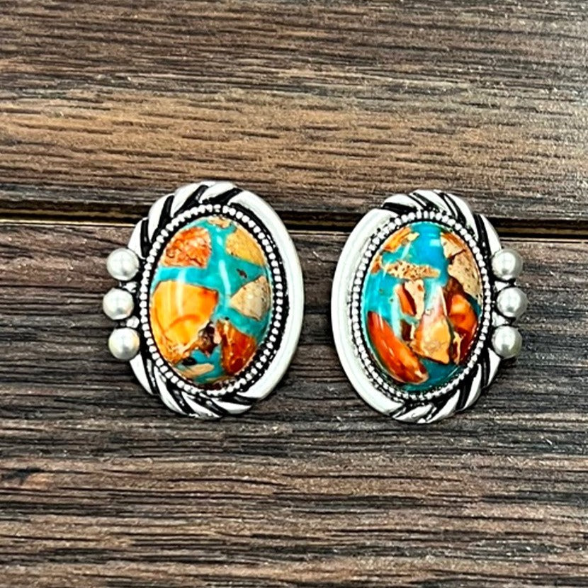 1" Oval Turquoise Stone with Large Matrix Stud Earrings