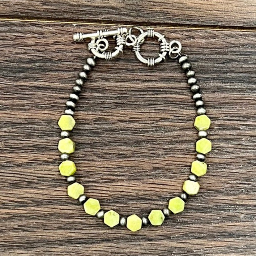 Hexa Gemstone & Navajo Inspired Pearl Adjustable Bracelet in Yellow Turquoise