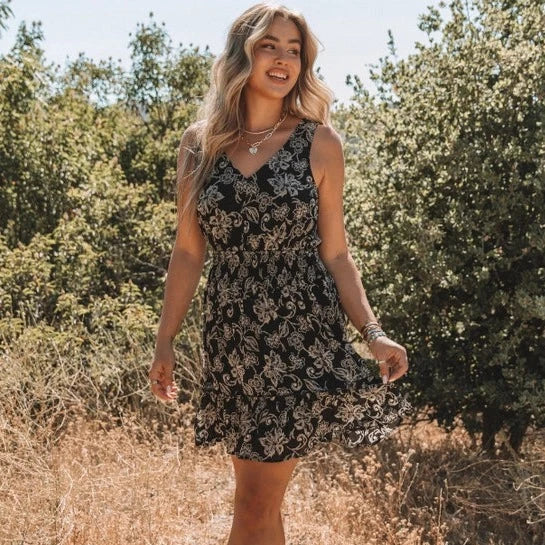 Women's Sleeveless Floral Tiered Mini Dress in Black Branded Country Wear Women's Sleeveless Floral Tiered Mini Dress in Black Branded Country Wear