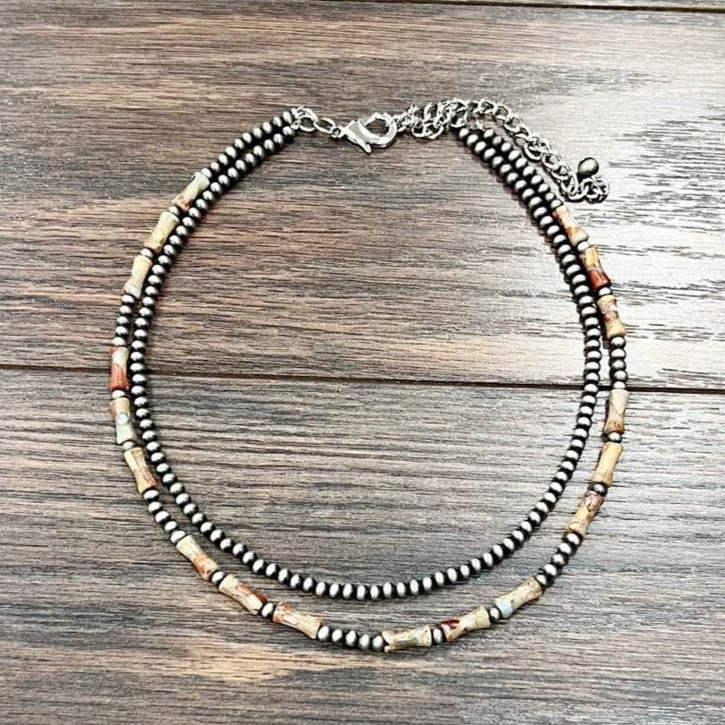 Navajo Inspired Pearl & Gemstone Double Strand Necklace (2 Gemstone Variants Available)