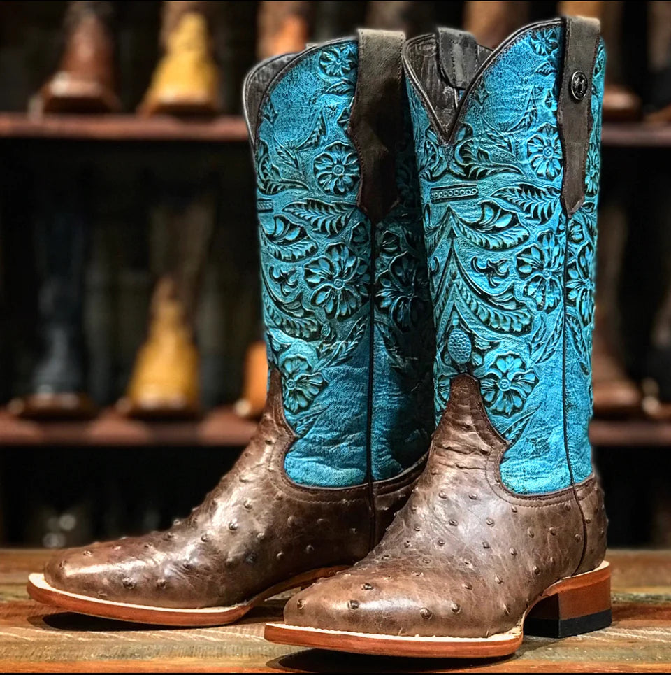 Tanner Mark Women s Shiloh Embossed Ostrich Print Western Boot Branded Country Wear