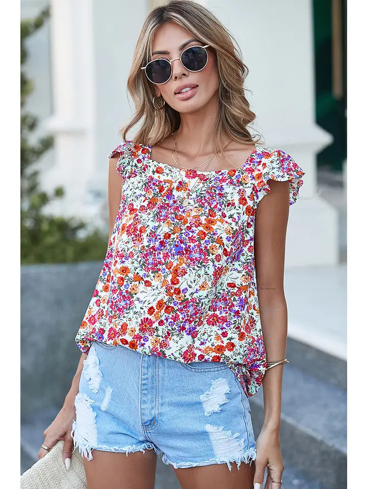 Women's Rose Red Floral Square Neck Flutter Tank Top