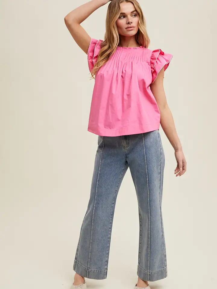 Women's Contrast Stitching Ruffle Sleeve Blouse in Punch