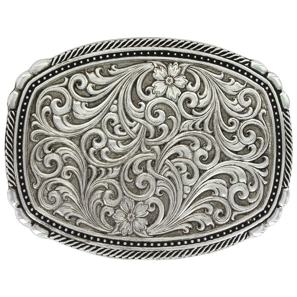 Floral and Western Vine Antique Silver Belt Buckle By Montana Silversmiths