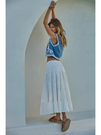 Women's Sleeveless Floral Embroidered Open Front Vest in Dusty Blue