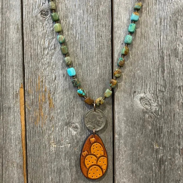 J Forks Kingman Turquoise & Leather Cactus Teardrop Necklace