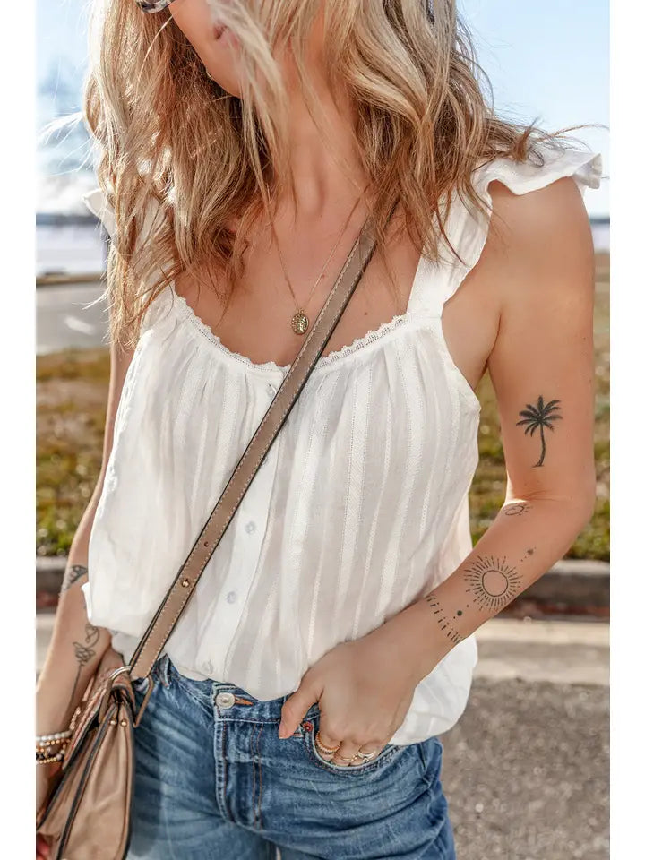 Women's Lace Crochet Ruffled Button Loose Fit Tank Top in White