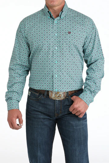 Cinch Men's L/S Classic Fit Geometric Button Down Western Shirt in Turquoise