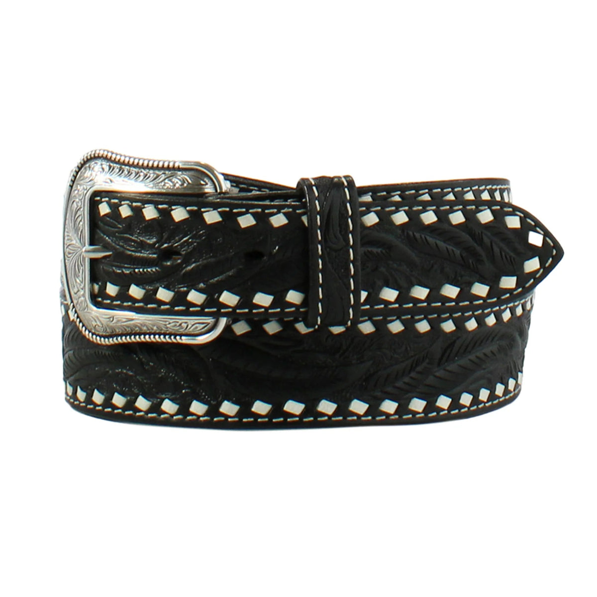 3D Belt Co. Men's Floral Tooled White Buck Lace Belt in Black