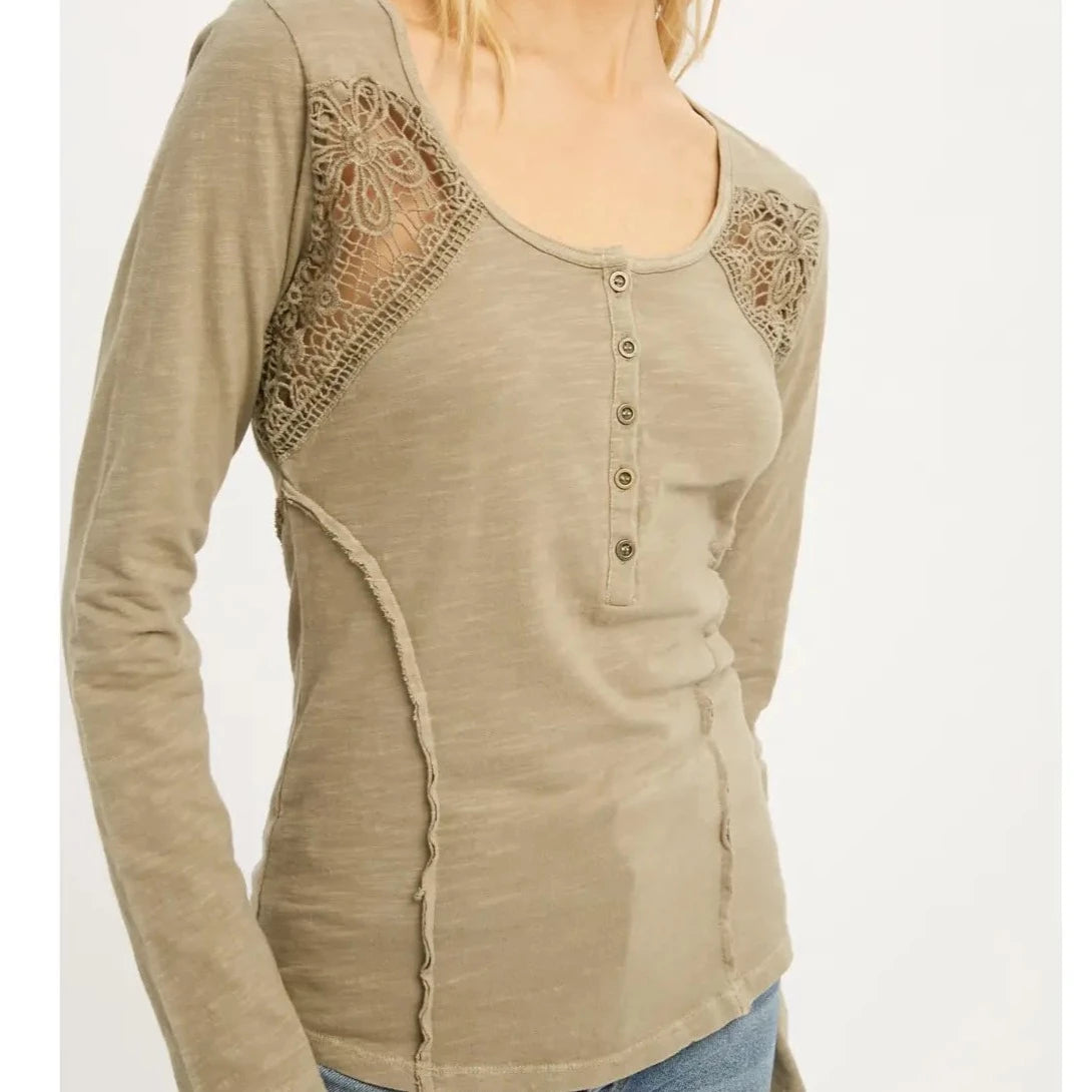 Women's Lace Detail Henley Blouse in Sage