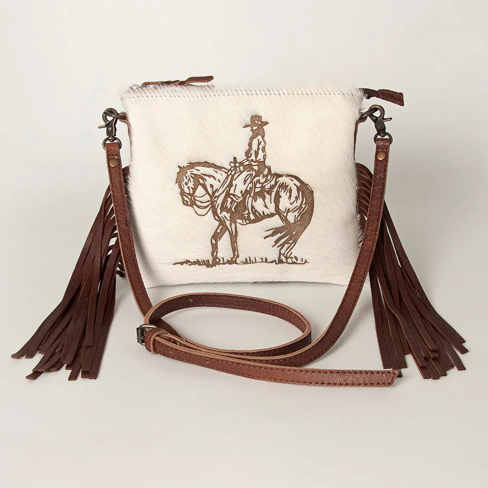 American Darling Hair On Hide Cowgirl On Horseback Fringe Crossbody Bag