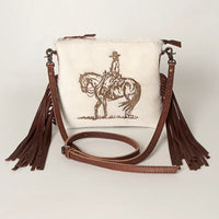 American Darling Hair On Hide Cowgirl On Horseback Fringe Crossbody Bag