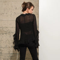 Women's L/S Sheer Chiffon Flutter Sleeve Blouse in Black