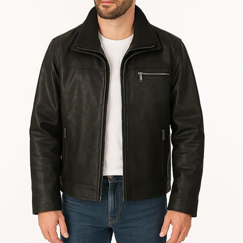 Scully Men's Knit Collared Leather Jacket in Vintage Black