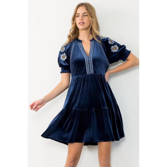Women's S/S Floral Embroidered Sleeve Mini Velvet Dress (Available in Two Colors) Large / Navy