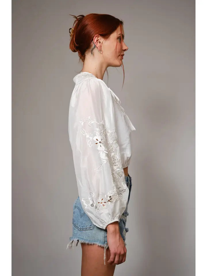 Women's L/S Tie Neck Lace Embroidered Cropped Blouse in White