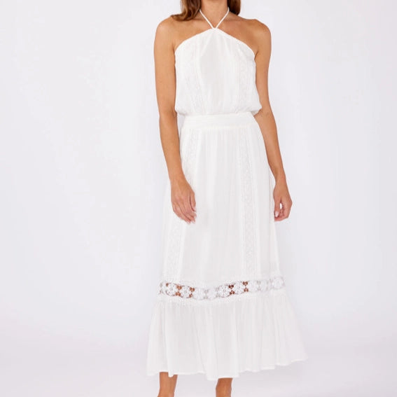 green emerald velvet dress Women's Eyelet Embroidered Halter Maxi Dress in Off White Large