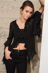 Women's L/S Sheer Chiffon Flutter Sleeve Blouse in Black