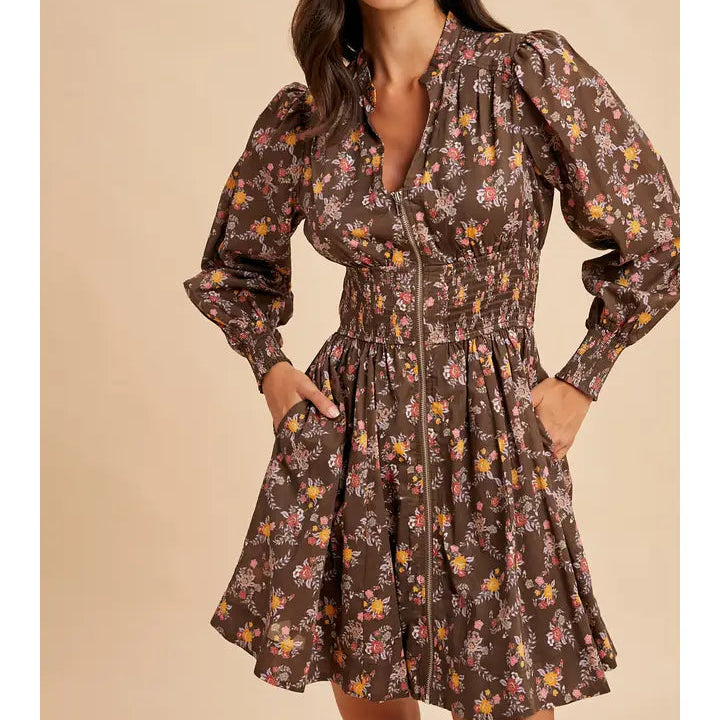 Women's L/S Floral Zip Front Mini Dress in Mocha Mousse Medium Women's L/S Floral Zip Front Mini Dress in Mocha Mousse Medium