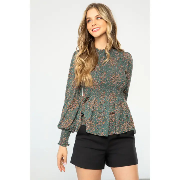 Women's L/S Smocked Floral Print Blouse in Teal