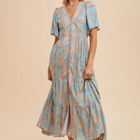 Women's Border Floral Button Front Midi Dress in Dusty Blue