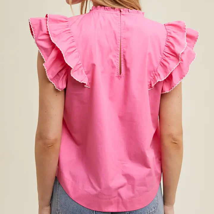 Women's Contrast Stitching Ruffle Sleeve Blouse in Punch