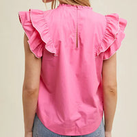 Women's Contrast Stitching Ruffle Sleeve Blouse in Punch