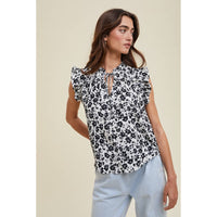 Women's Floral Ruffle Sleeve Blouse in Black and White