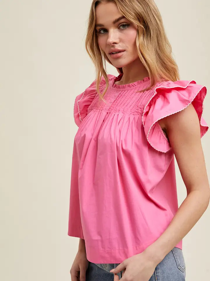Women's Contrast Stitching Ruffle Sleeve Blouse in Punch