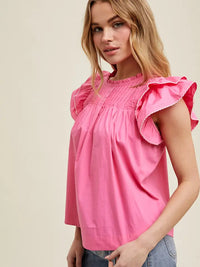 Women's Contrast Stitching Ruffle Sleeve Blouse in Punch