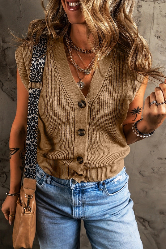 Women's V-Neck Button Front Sweater Vest in Parchment