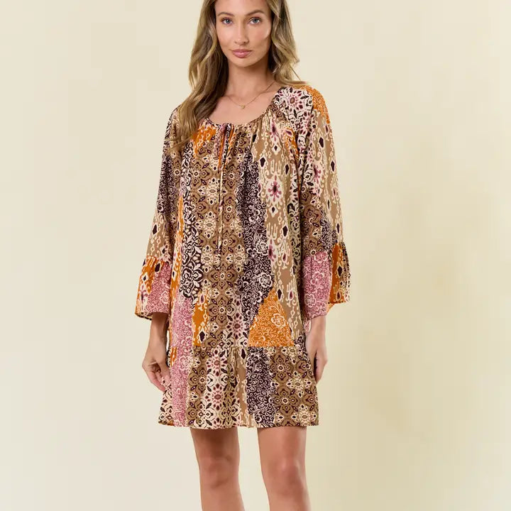 Women's L/S Boho Pattern Ruffled A-Line Mini Dress Branded Country Wear Women's L/S Boho Pattern Ruffled A-Line Mini Dress Branded Country Wear