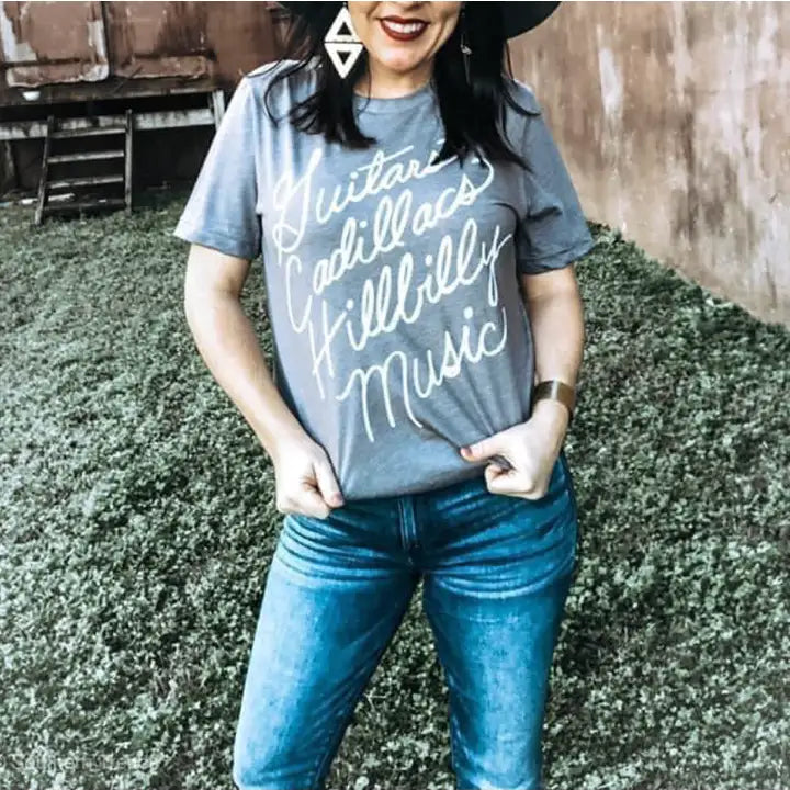 Women's Guitars Cadillacs Graphic Tee in Grey
