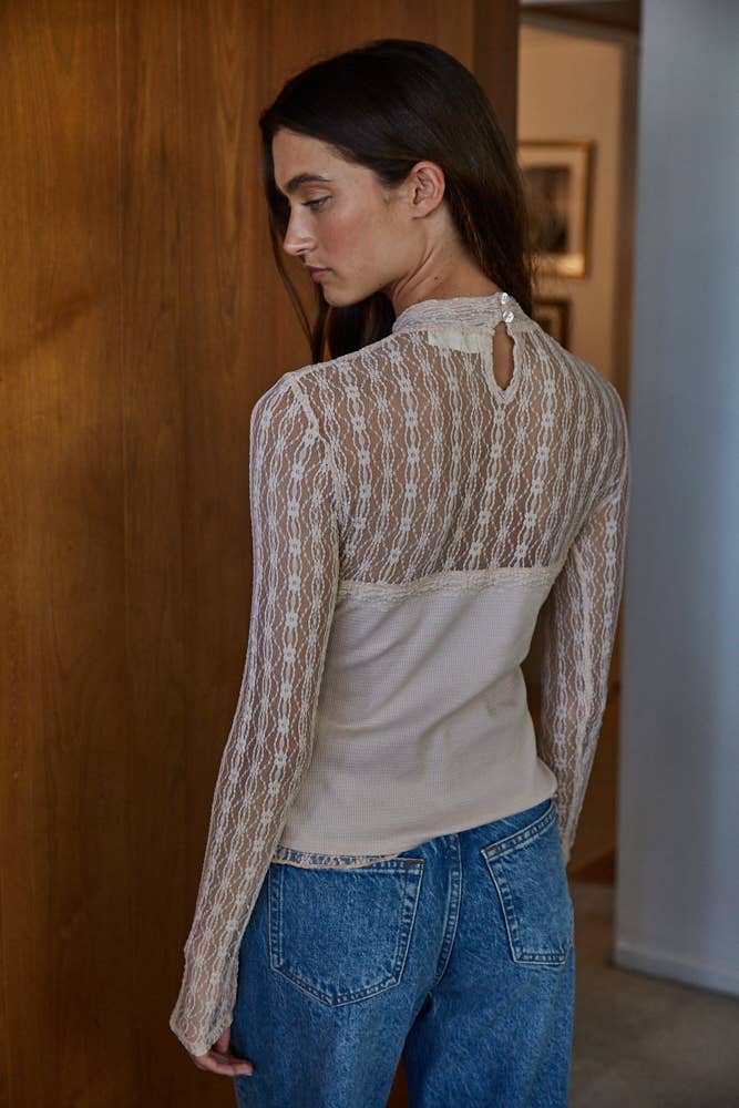 Women's L/S Ribbed Sheer Lace Mock Neck Shirt (Available in 3 Colors)