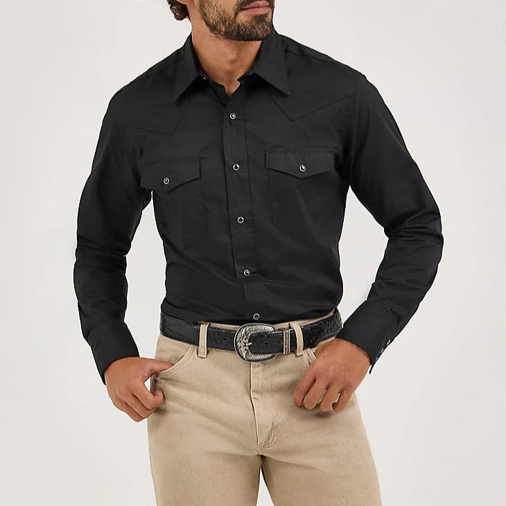 Wrangler Men's L/S Solid Broadcloth Western Snap Shirt in Black