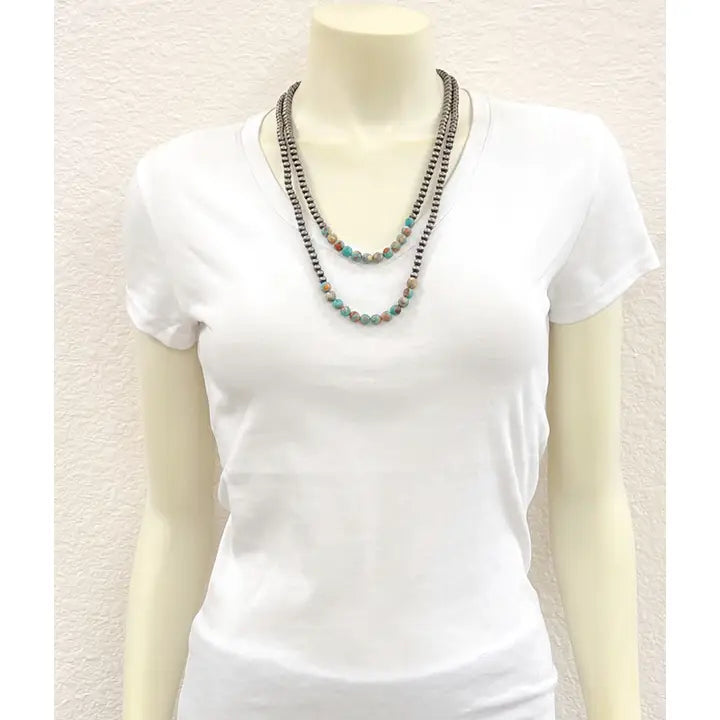 24" Two Strand Navajo Inspired Bead and Stone Necklace