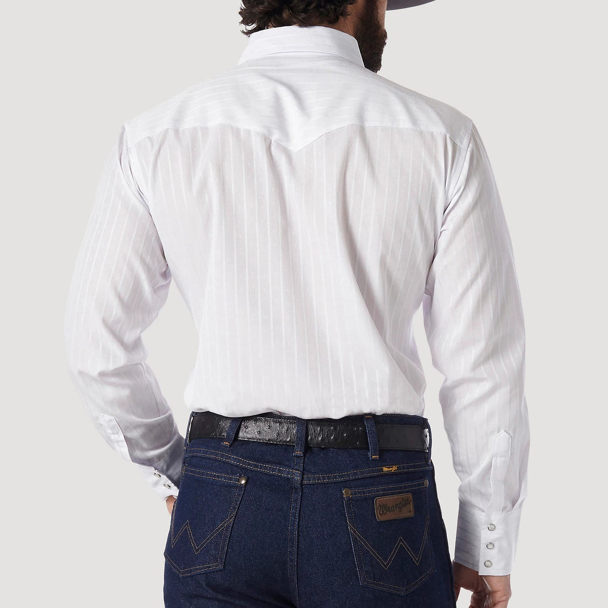 Wrangler Men's L/S Dobby Stripe Western Snap Shirt in White