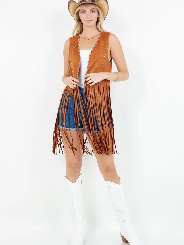 Women's Studded Long Fringe Faux Suede Vest (Available in Two Colors)