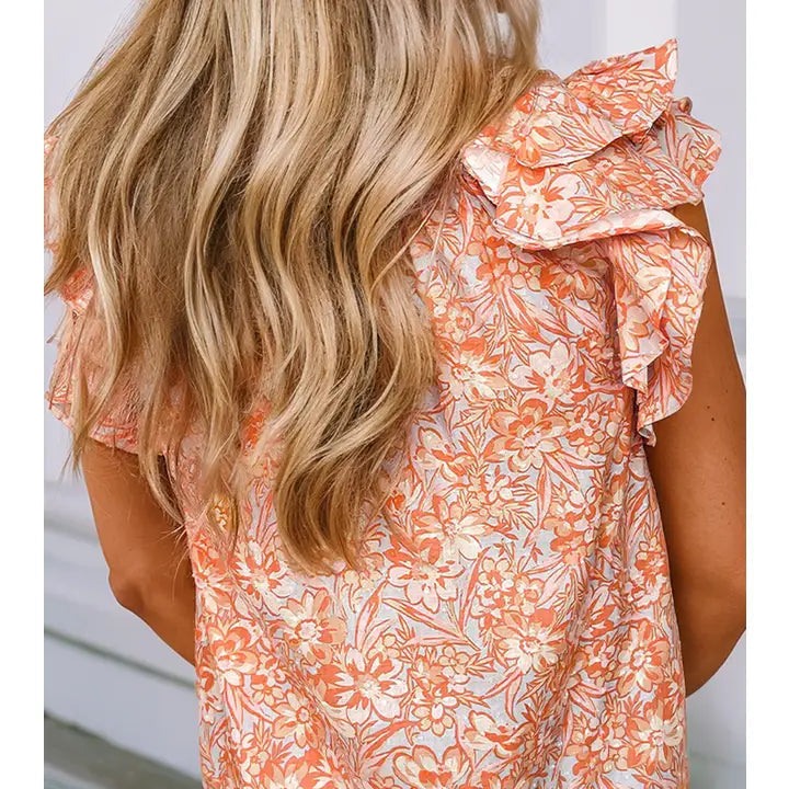 Women's Floral Ruffle Sleeve Split Neck Blouse in Orange