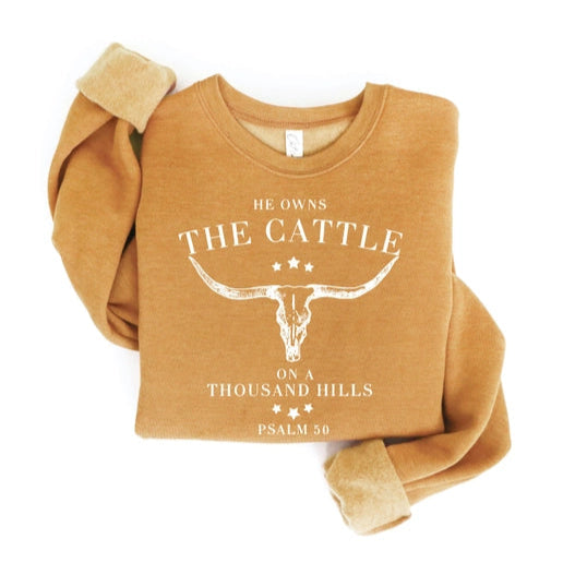 Women's "He Owns The Cattle" Graphic Wordy Sweatshirt in Mustard