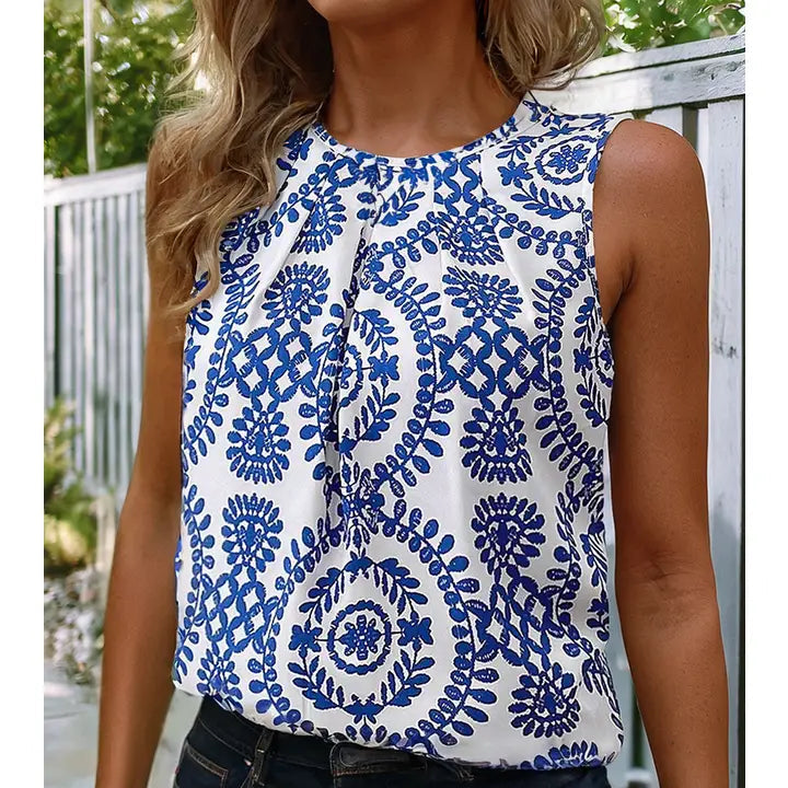 Women's Vintage Print Pintuck Crew Neck Tank Top in Blue & White