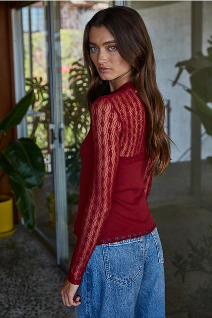 Women's L/S Ribbed Sheer Lace Mock Neck Shirt (Available in 3 Colors)