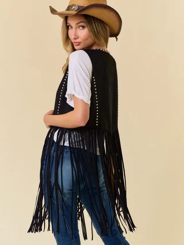 Women's Studded Long Fringe Faux Suede Vest (Available in Two Colors)