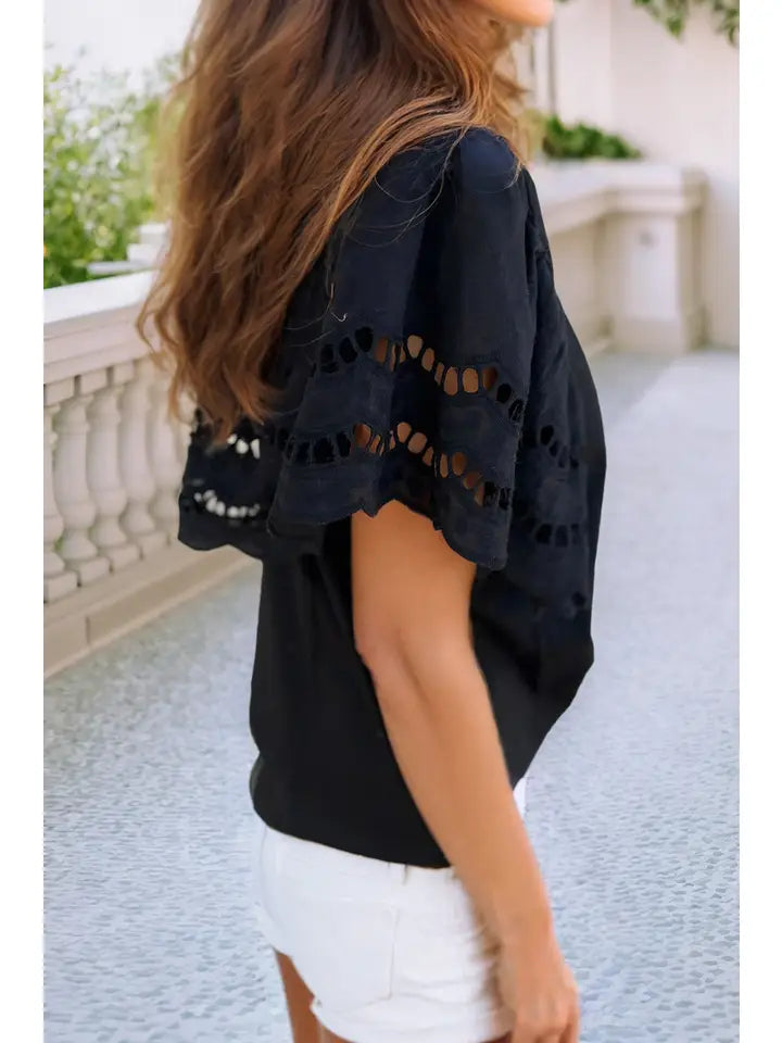 Women's S/S Eyelet Flowy Sleeve Blouse in Black