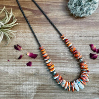 21" Graduated Orange and Turquoise Spiny Oyster Necklace With Sterling Silver Pearls