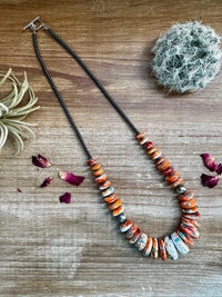 21" Graduated Orange and Turquoise Spiny Oyster Necklace With Sterling Silver Pearls