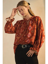Women's L/S Satin Twill Aztec Print Blouse in Terracotta (Available in Regular and Plus Sizes)