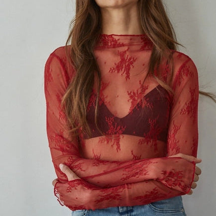 Women's L/S Sheer Floral Lace Mock Neck Mesh Top (Available in 4