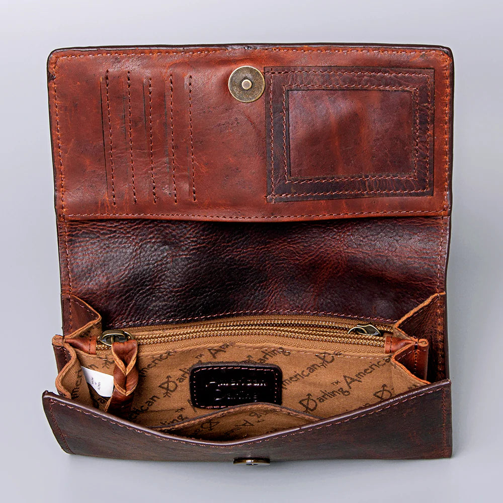 American Darling Leather Buckstitched Floral Tooled Snap Organizer