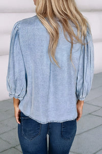Women's Denim Pintuck Bow Tie Blouse in Light Wash